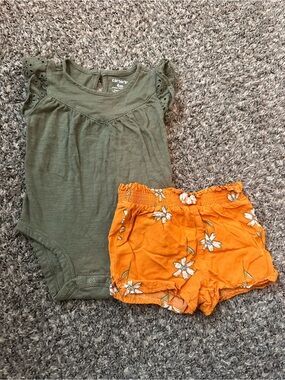Carter's Olive Green Onesie with Orange Floral Shorts Set